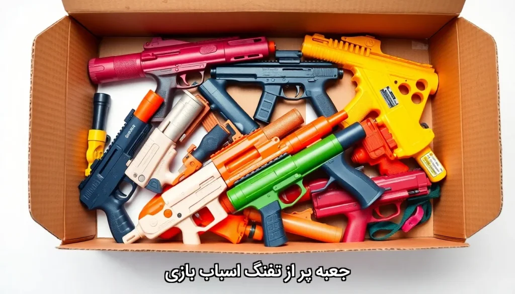 جعبه پر از تفنگ اسباب بازی